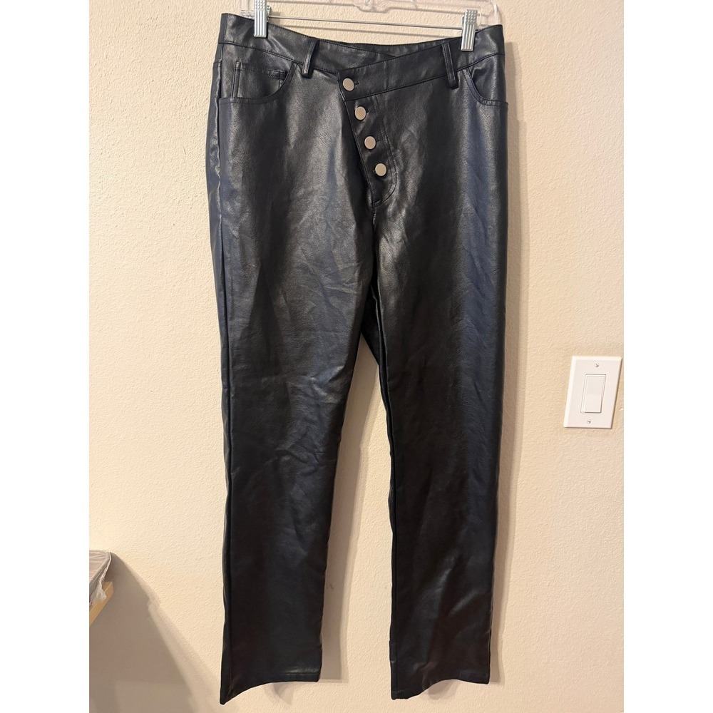 Forever 21 Faux Leather Pants Black Asymmetrical Button Fly Women Size L